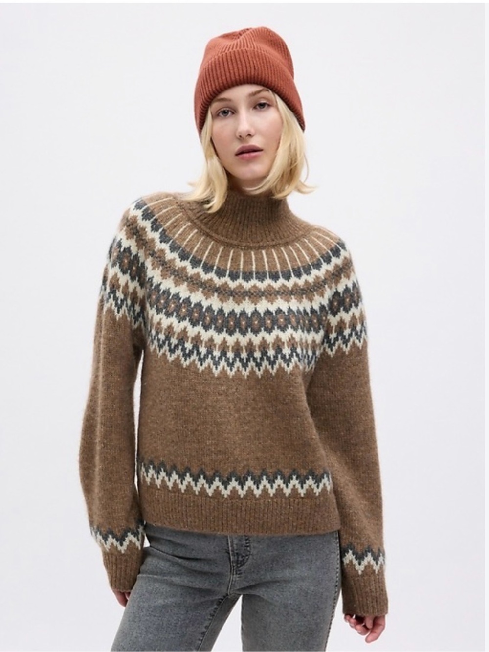 GAP Brown Fair Isle Cowl Neck Sweater with Ivory & Slate Accents